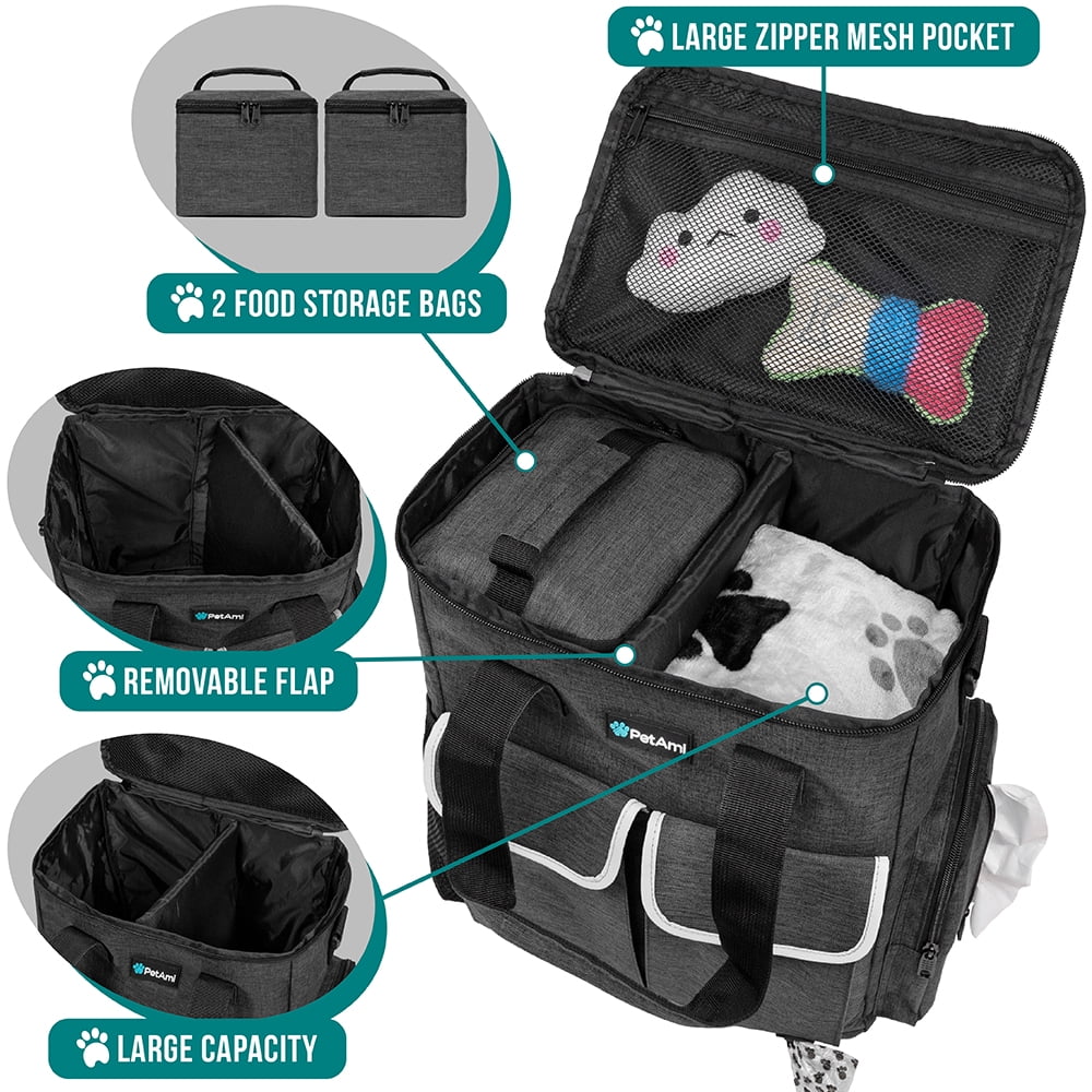 Pet Travel Organizer Bag With Bowls and Containers