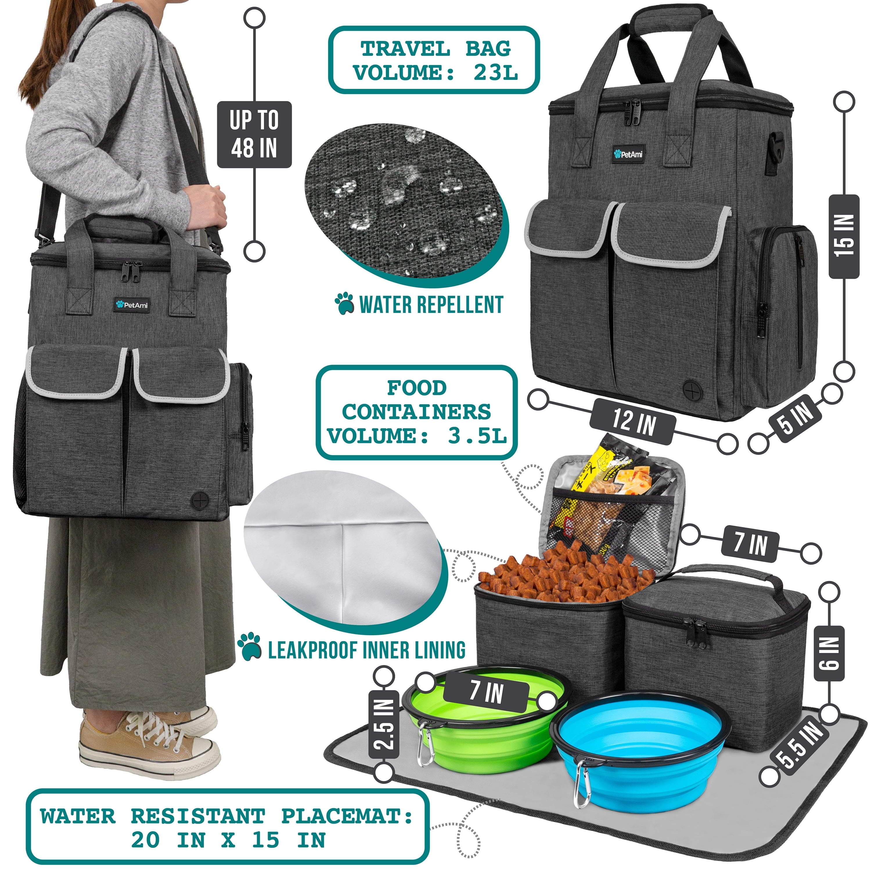Pet Travel Organizer Bag With Bowls and Containers